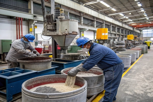 a factory worker operating a hot press machine for brake pads