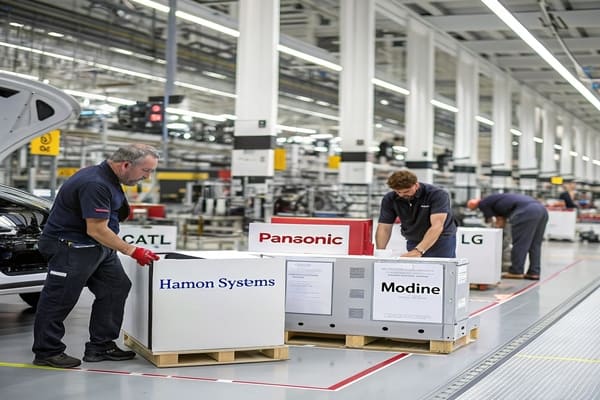 A close-up shot of an electric vehicle battery pack and powertrain components