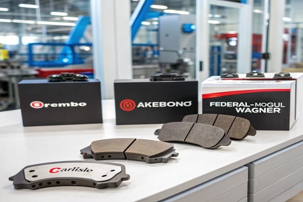 A shelf of various brake pad brands in an auto parts store