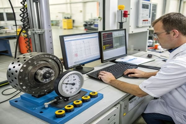A brake pad being tested on a dynamometer in a lab environment