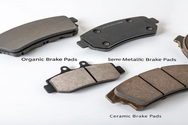 A set of different brake pads on a workshop bench