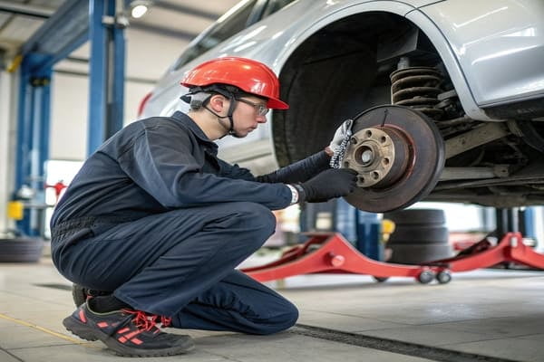 A mechanic inspecting a vehicle's brake system on a lift