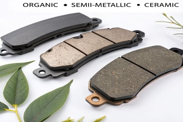 Three different types of brake pads lined up for comparison