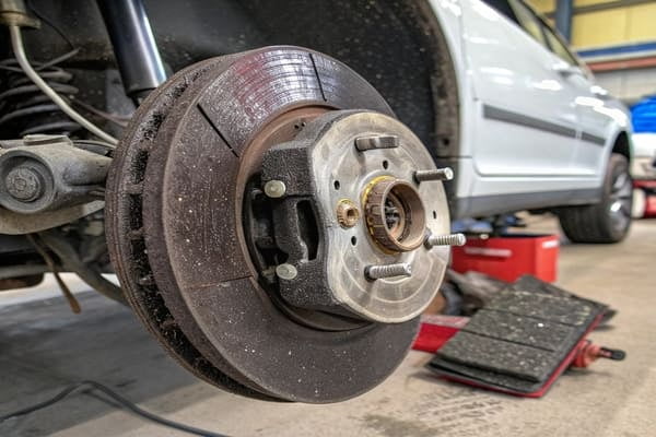 A close-up of a clean, modern car wheel with a high-performance brake caliper and ceramic brake pad visible.