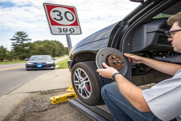 A car driving on an open road, suggesting a test drive