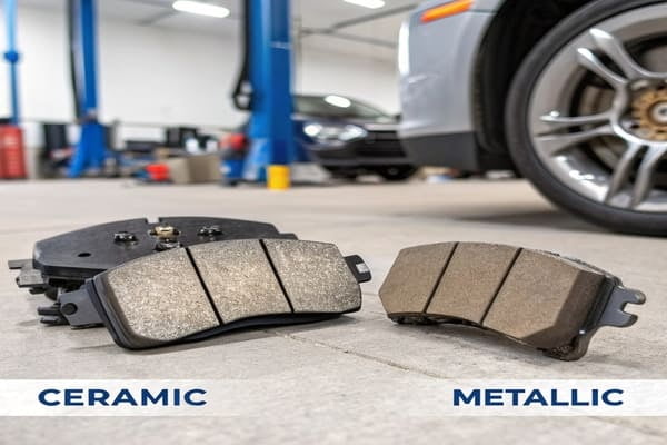 A side-by-side comparison image of a ceramic brake pad and a metallic brake pad.