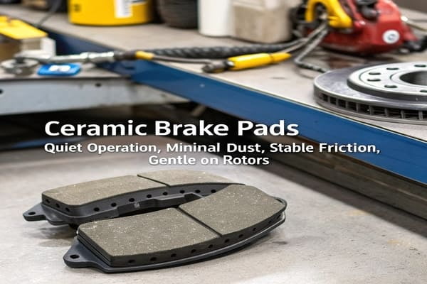 An infographic highlighting the key benefits of ceramic brake pads: quiet, clean, long-lasting, stable.