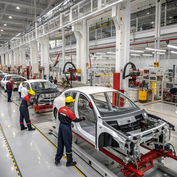 A modern automotive factory in China with robotic arms on an assembly line