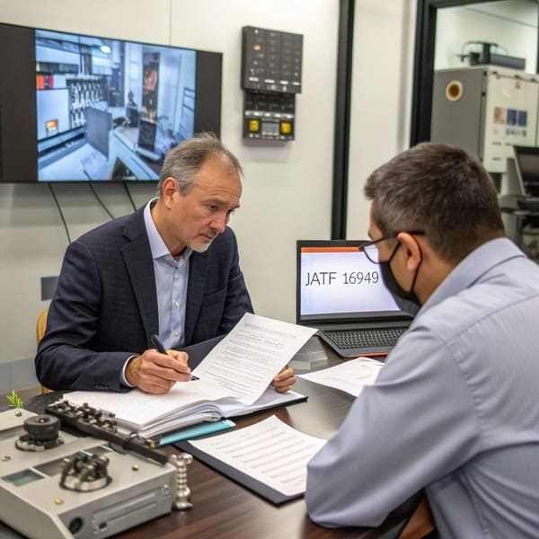 A quality control manager reviewing an IATF 16949 certificate