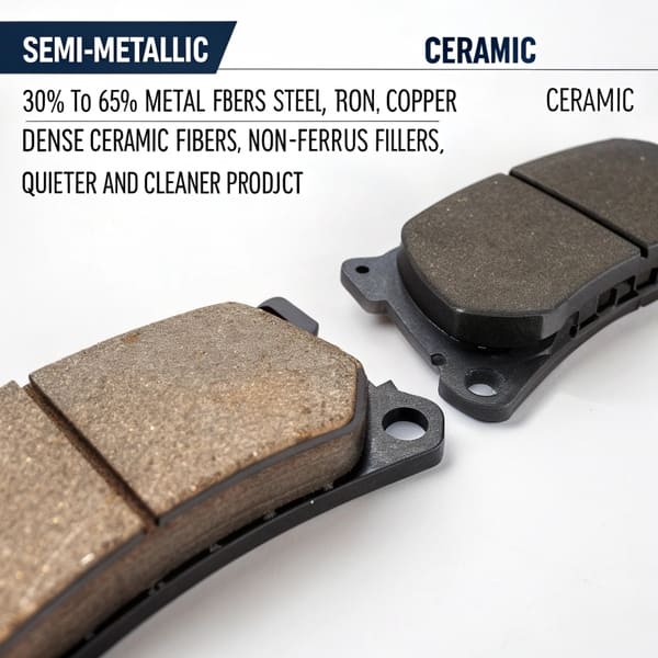 An infographic showing the material composition of semi-metallic and ceramic brake pads.