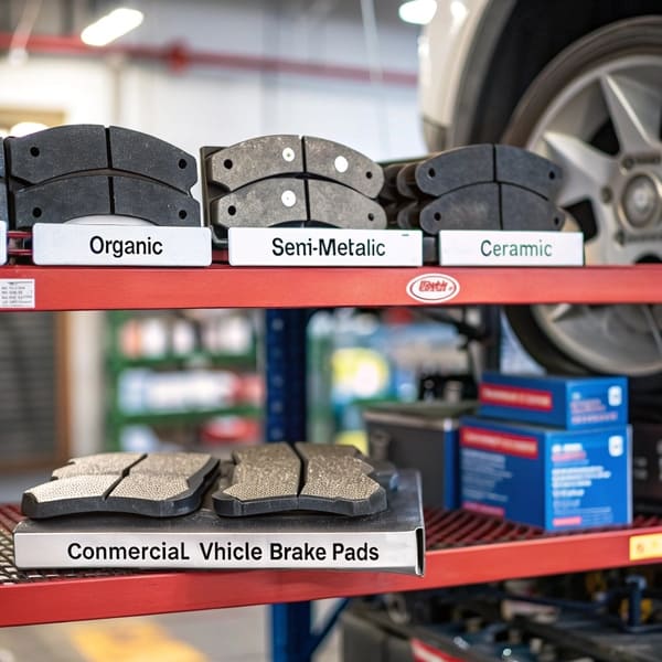An assortment of different types of brake pads on a workshop bench