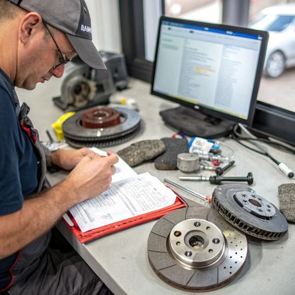 A close-up of a high-performance brake pad being installed in a brake caliper