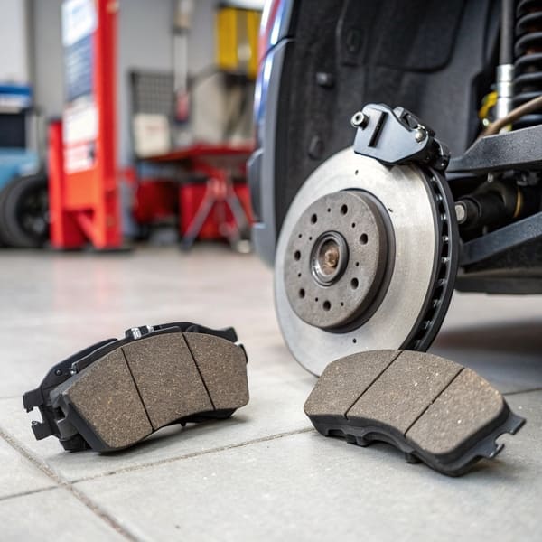 An image of two different brake pad sets, one for the front and one for the rear, showing different sizes and shapes.