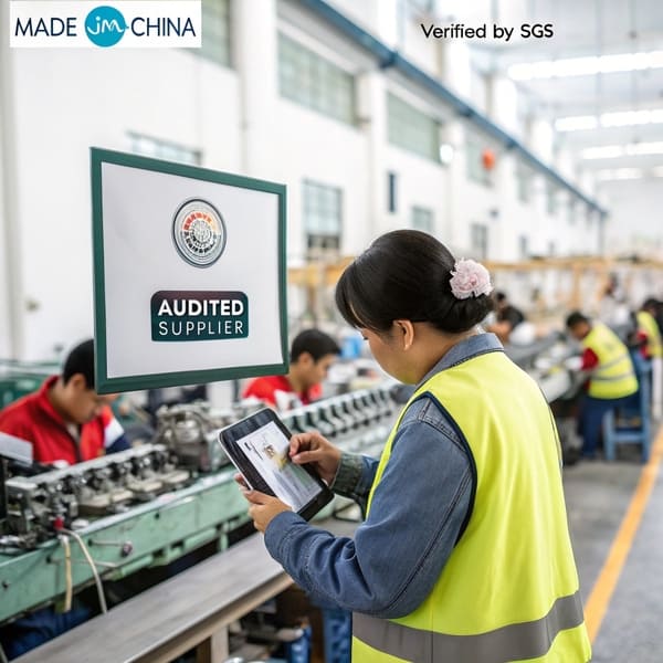 A person with a clipboard auditing a factory production line
