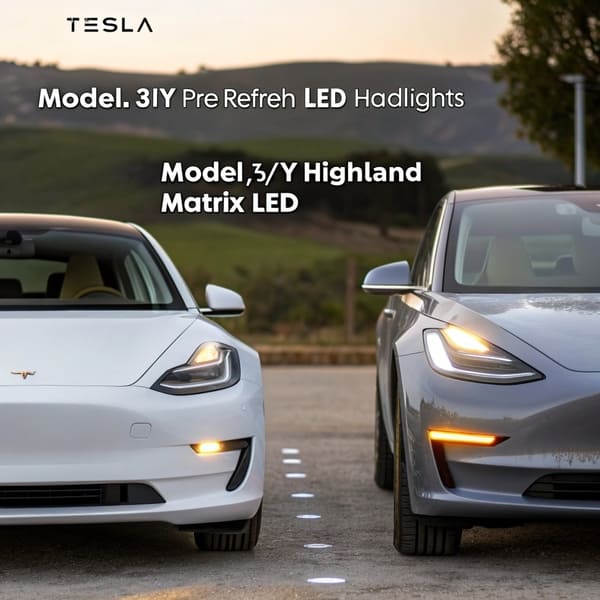 A side-by-side comparison of an old Tesla Model 3 headlight and the new 'Highland' version