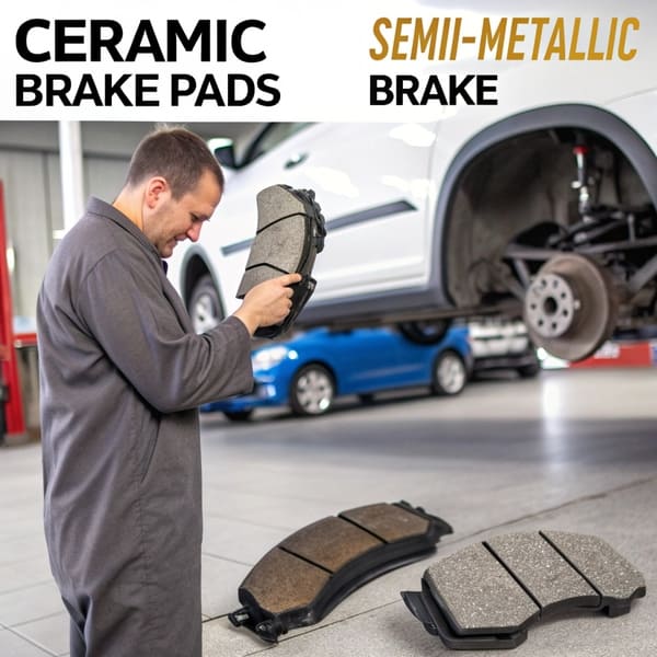 A close-up of a high-quality ceramic brake pad and a semi-metallic brake pad side-by-side.