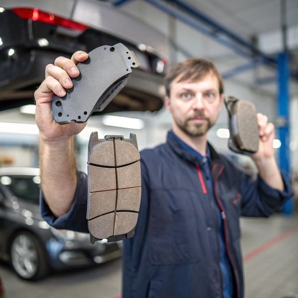 a close-up of a ceramic brake pad and a semi-metallic brake pad side-by-side