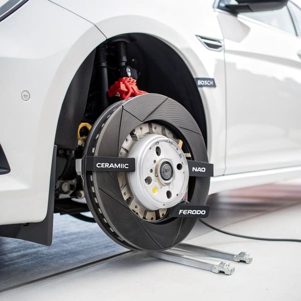 A close-up of a high-quality, quiet ceramic brake pad