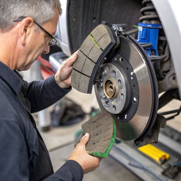 A lab technician examining brake pad material composition