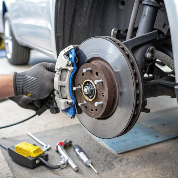 Diagram of a modern disc brake system showing the caliper, pads, and rotor
