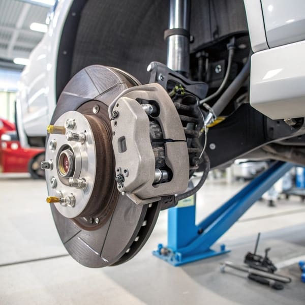 An exploded view of a disc brake assembly including caliper, pads, and rotor