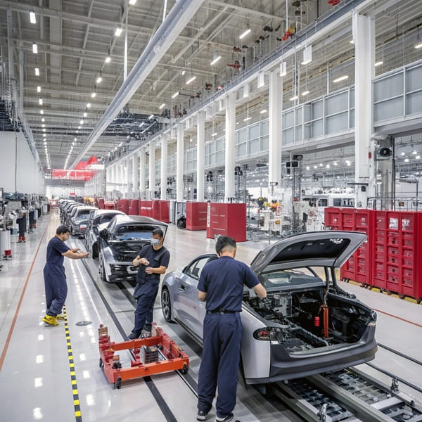 A bustling, modern automotive manufacturing facility in China, with assembly lines and robotic arms at work.