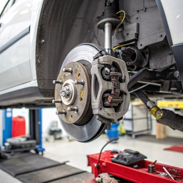 Diagram showing how a brake caliper applies pressure to brake pads and rotor