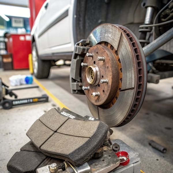 A worn-out brake pad next to a new one