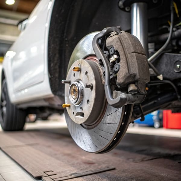 Close-up of a brake pad being installed into a caliper