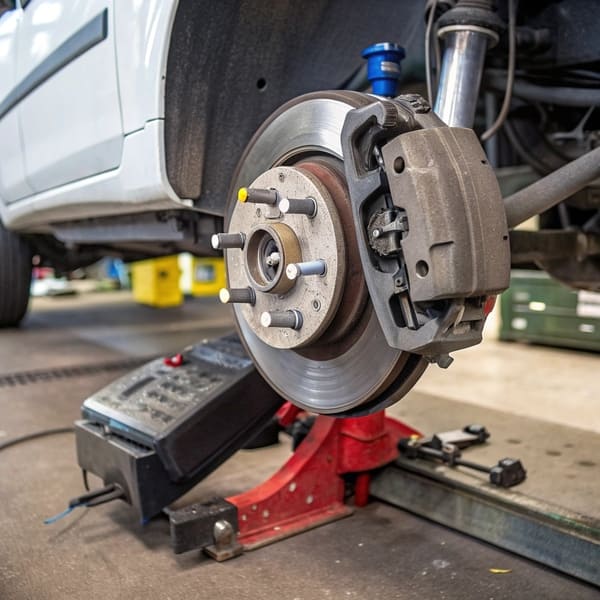 An illustration showing how a brake pad presses against a brake rotor.