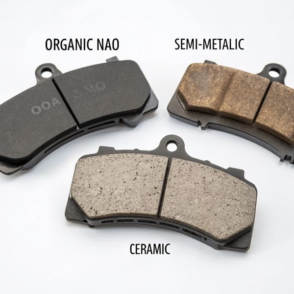 An assortment of different types of brake pads on a workshop bench