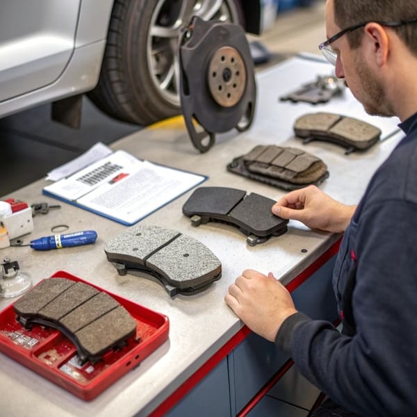 A lab technician examining brake pad material composition