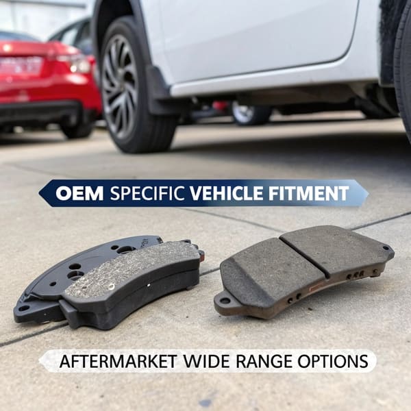 A side-by-side comparison of an OEM and an aftermarket brake pad