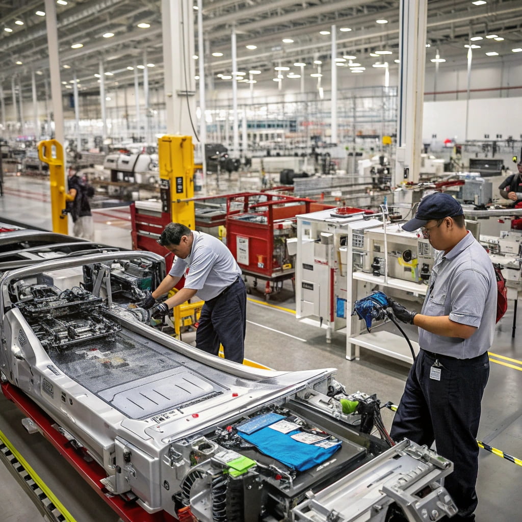 A collage of various automotive parts like batteries, circuit boards, and motors