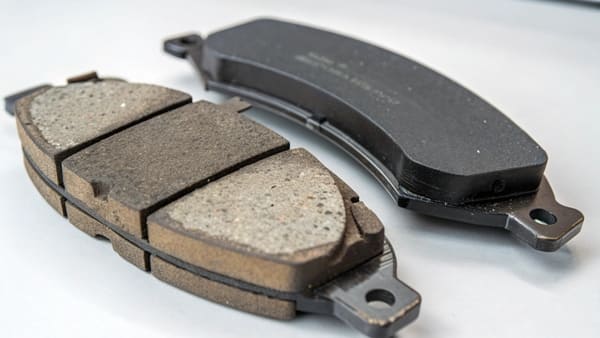 A side-by-side comparison of a new brake pad and a worn brake pad