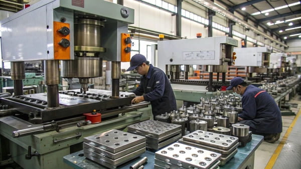 An overview of the metal stamping process showing a press and die.