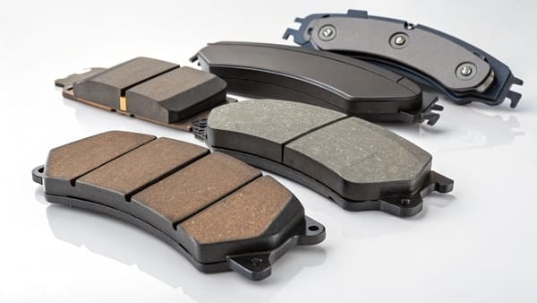 A close-up comparison of a semi-metallic and a ceramic brake pad