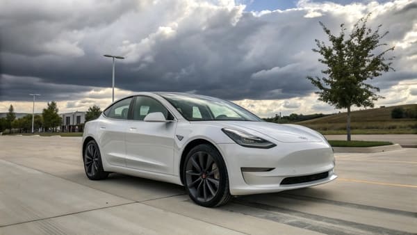 A used 2018 Tesla Model 3 parked on a city street.