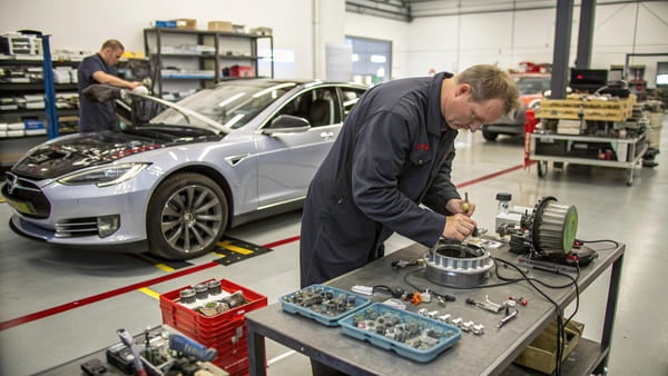 A workshop with car parts and manufacturing equipment