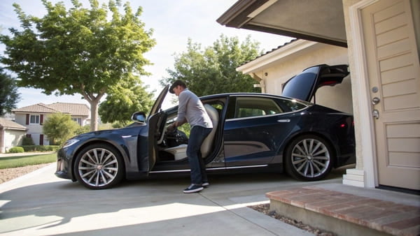 A person smiling confidently behind the wheel of a Tesla Model S.
