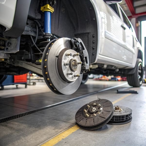 A close-up of a heavy-duty truck brake caliper and pad