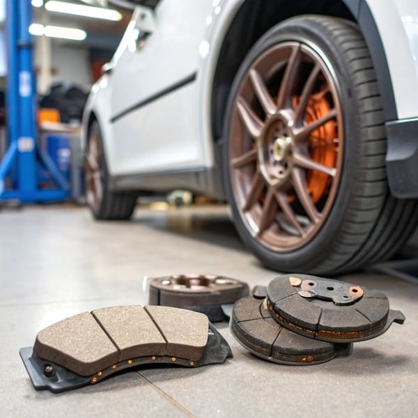 A set of clean, new ceramic brake pads ready for installation.