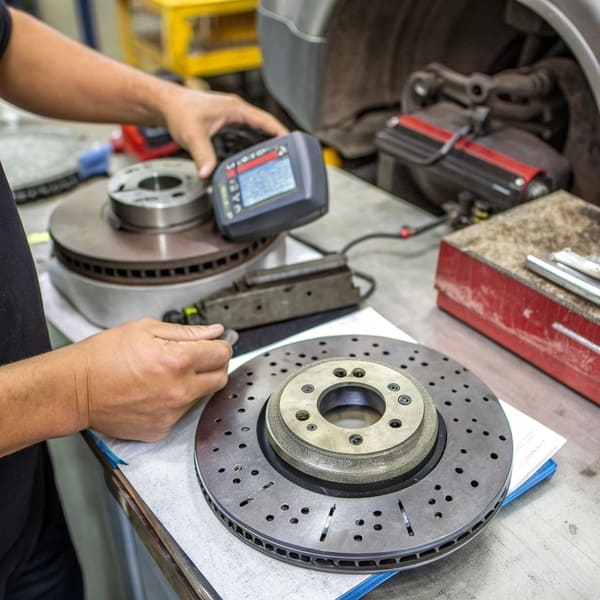 A mechanic inspecting a carbon ceramic brake rotor