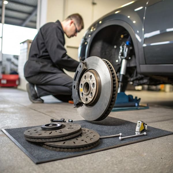 A universal "Do Not" symbol over an image of someone trying to swap brake pads