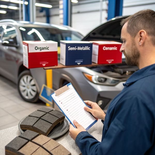 A selection of different types of brake pads laid out for comparison