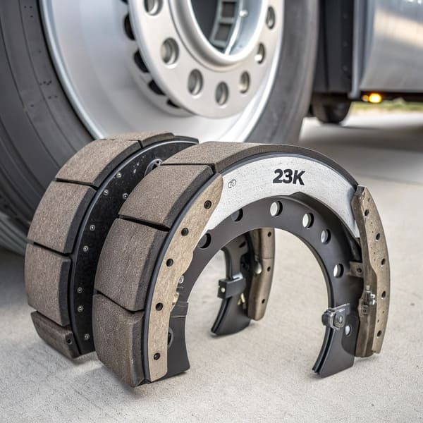 A close-up of a new semi truck brake shoe on a clean background
