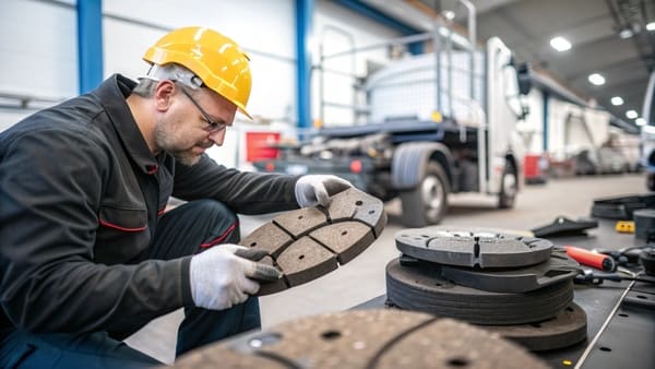 A close-up of a heavy-duty truck brake pad and caliper assembly