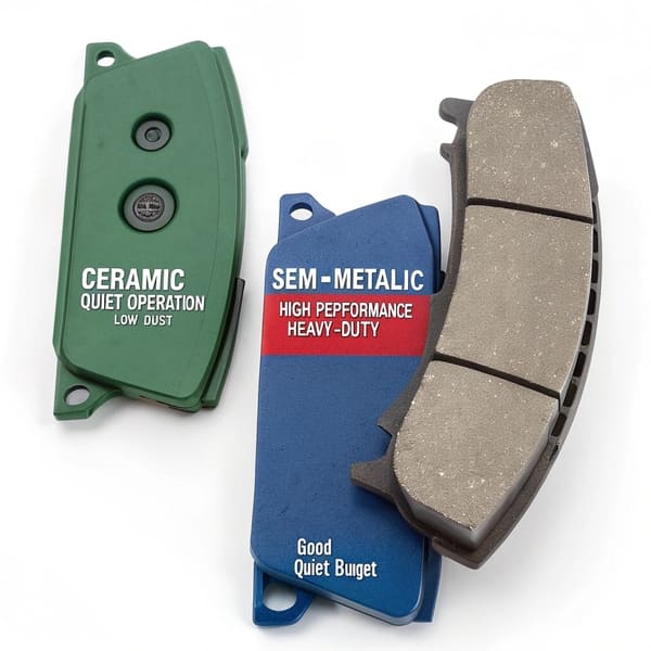 A chart comparing the pros and cons of ceramic, semi-metallic, and organic brake pads