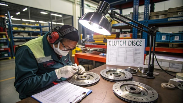 A quality control inspector measuring a clutch disc with calipers