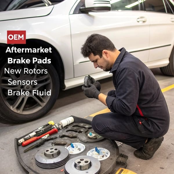 A mechanic holding a new brake pad and rotor in a workshop
